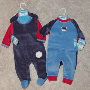 3-6 months, 3 piece set...2 complete outfits by ‘bon bebe’ w/baseball applique